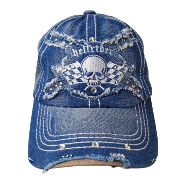Hell Rider Denim Distressed Cap with Studs & Swarovski Crystals. - Picture 1 of 4